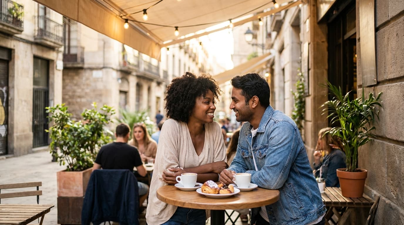 A relaxed couple leaning toward each other on a sunny café terrace, smiling naturally and engaged in easy conversation