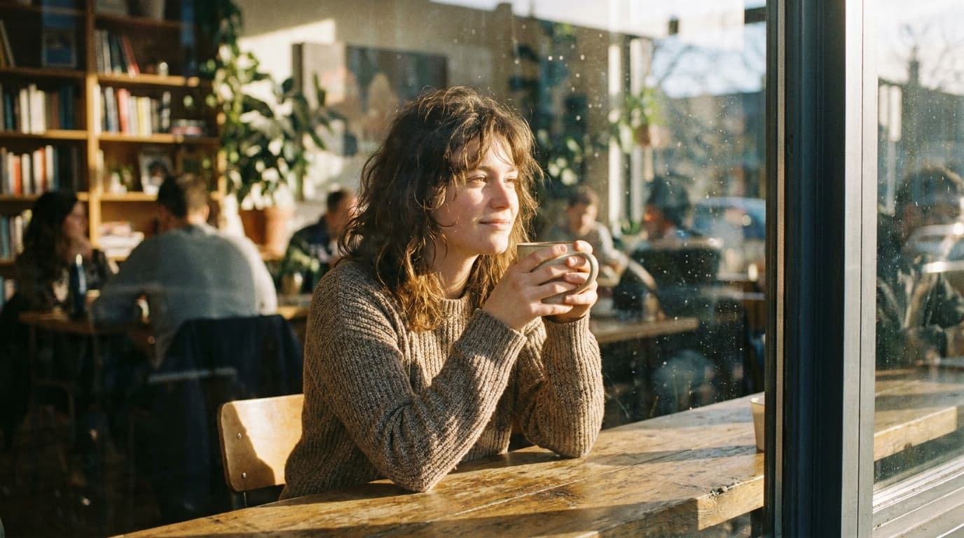 A young woman sitting alone at a small café table, holding a coffee cup and gazing out the window with a calm, self-assured expression in warm afternoon light