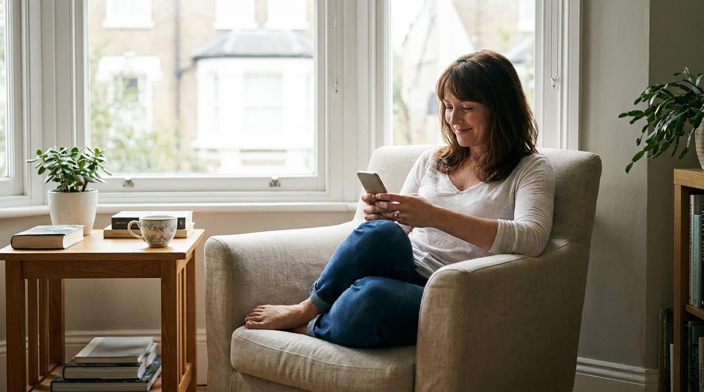 A person sitting in a comfortable armchair by a window, calmly browsing their phone with a peaceful, unhurried expression, soft daylight and a cup of tea nearby