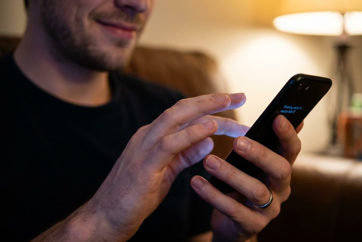A man sitting alone at his phone, typing a message with a slight smirk — representing the attention-seeker who enjoys the dynamic without intending to move things forward