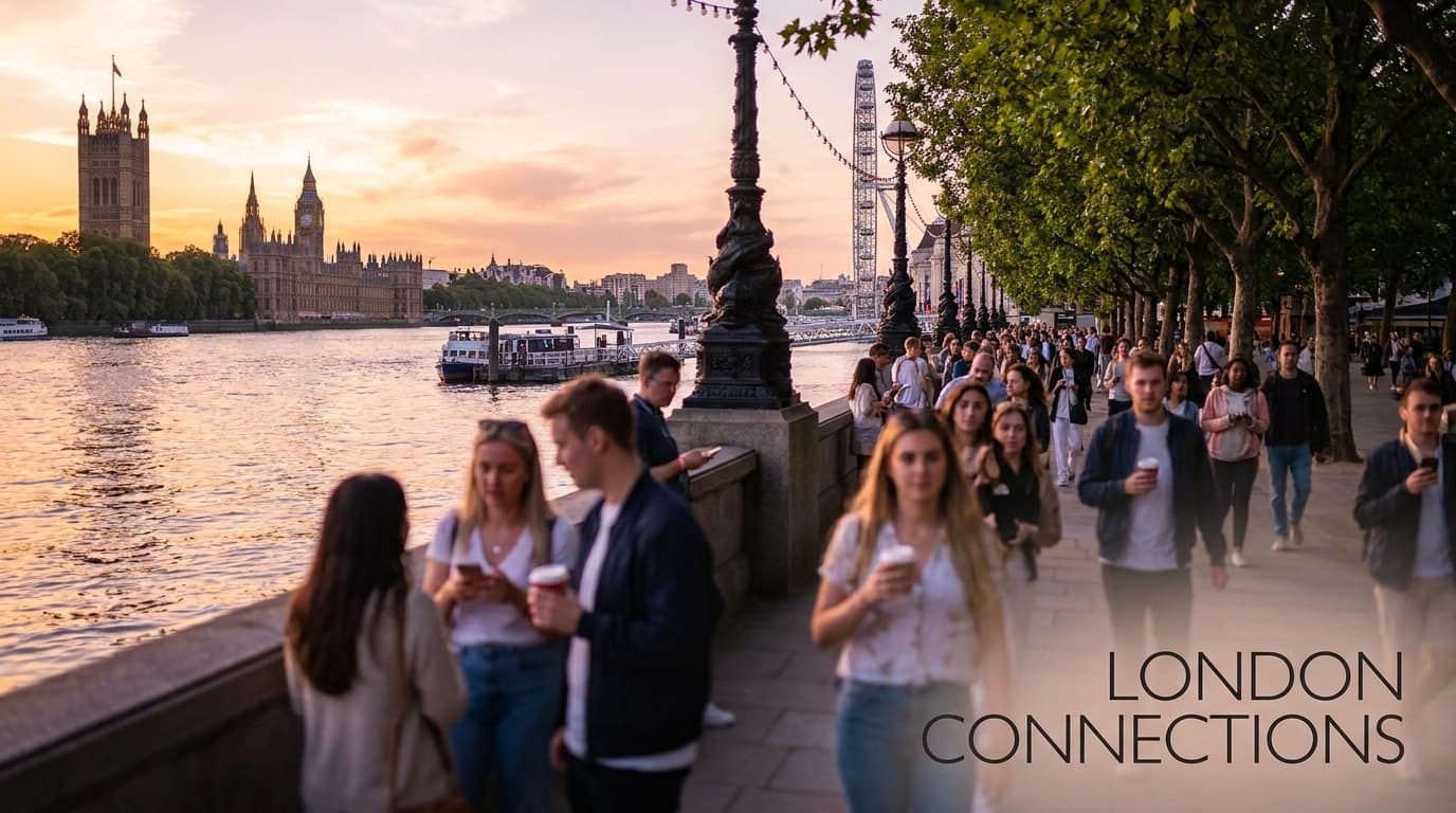 A warm golden-hour view of the London skyline from the South Bank with the Thames in the foreground and people walking along the embankment, evoking the rhythm of a city where singles cross paths every day