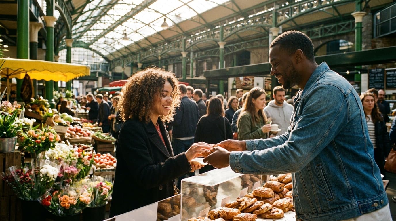 A sunlit Saturday at Borough Market with diverse shoppers browsing produce and pastry stalls under the Victorian iron roof, two strangers smiling as their hands reach for the same item
