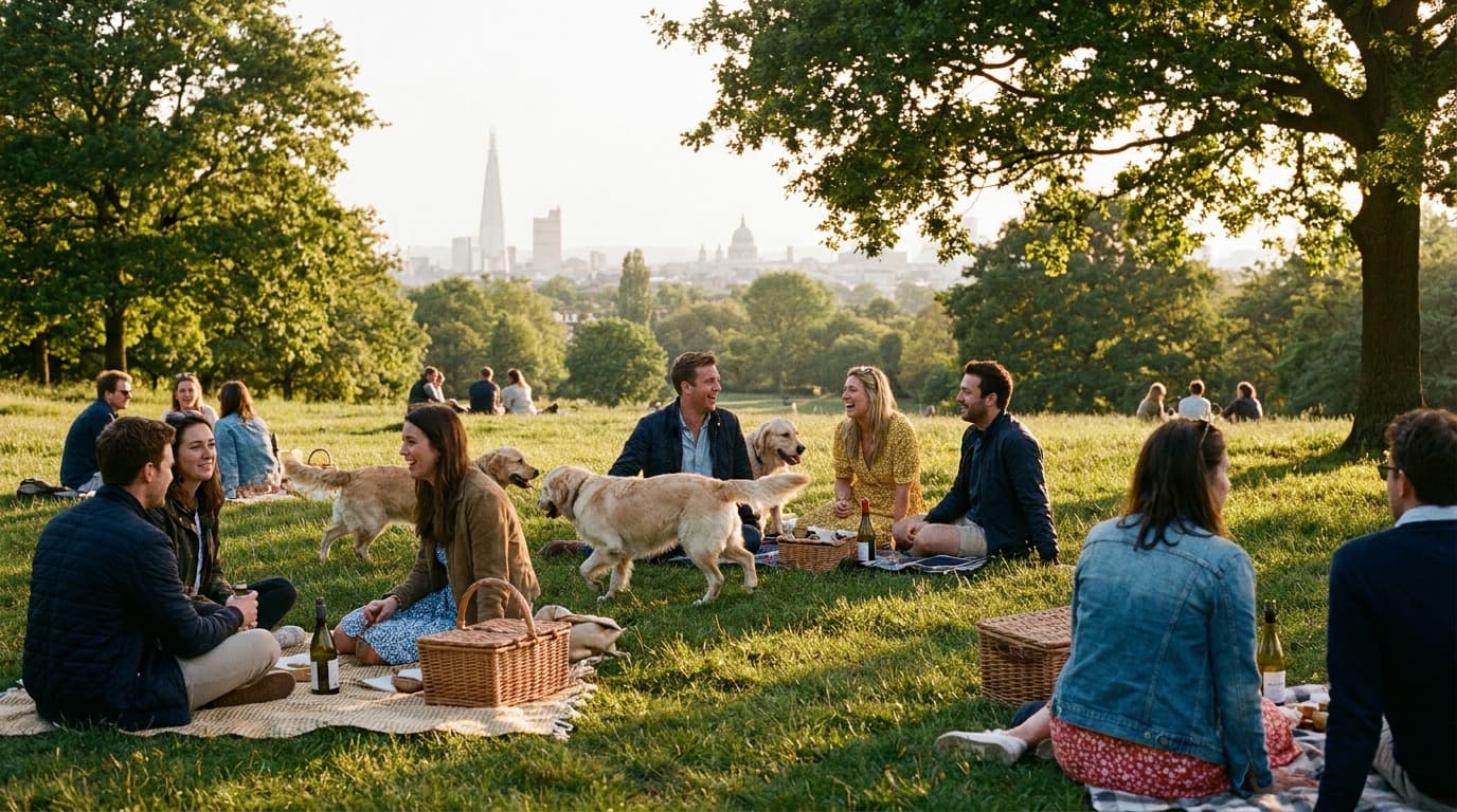 A late spring early evening on Hampstead Heath with people in their thirties on picnic rugs in long grass, golden hour light filtering through the trees and the city skyline faintly visible in the background
