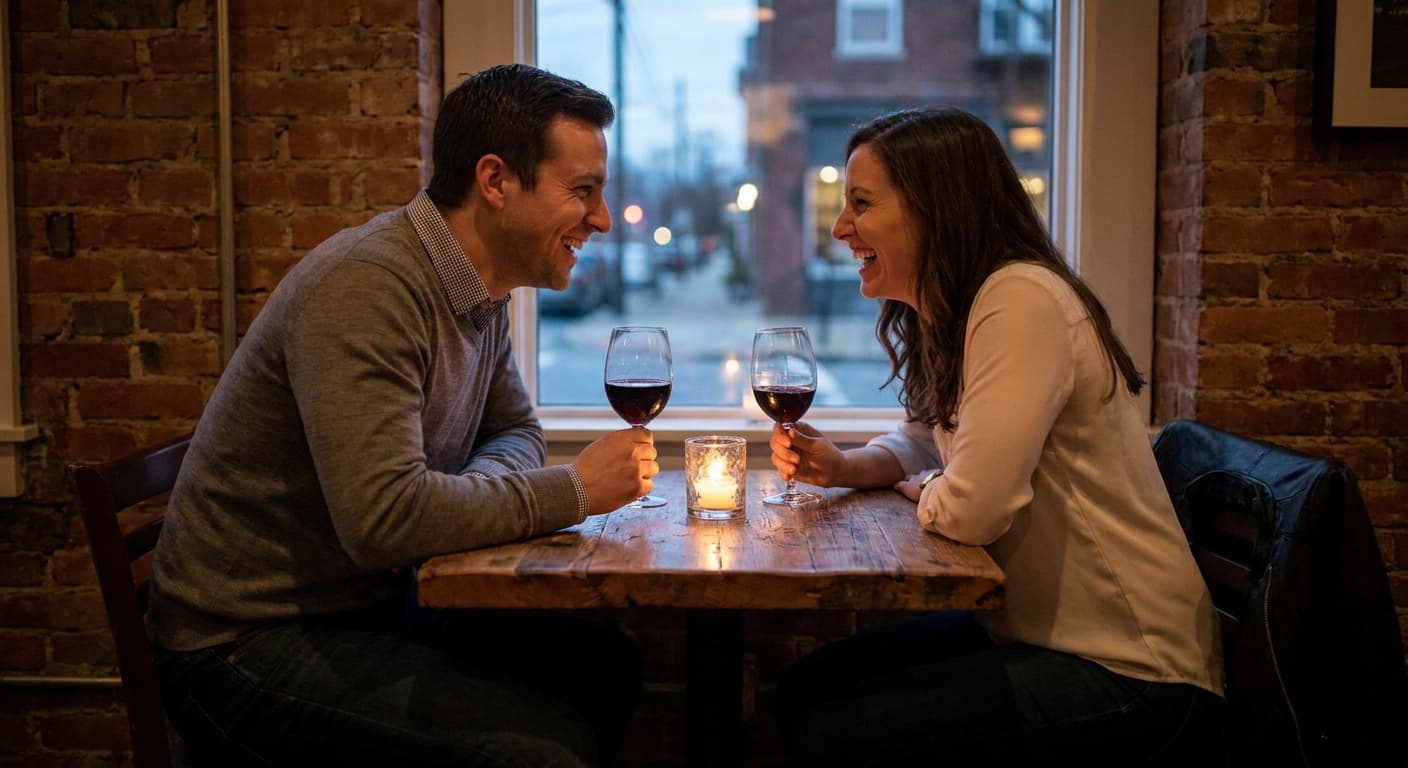 A couple sitting together at a cozy restaurant on a first date, warm candlelight, engaged in conversation, romantic atmosphere