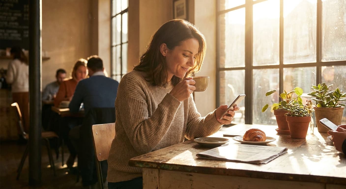 A person sitting at a cafe in the morning, sunlight streaming through windows, relaxed with coffee, looking at their phone