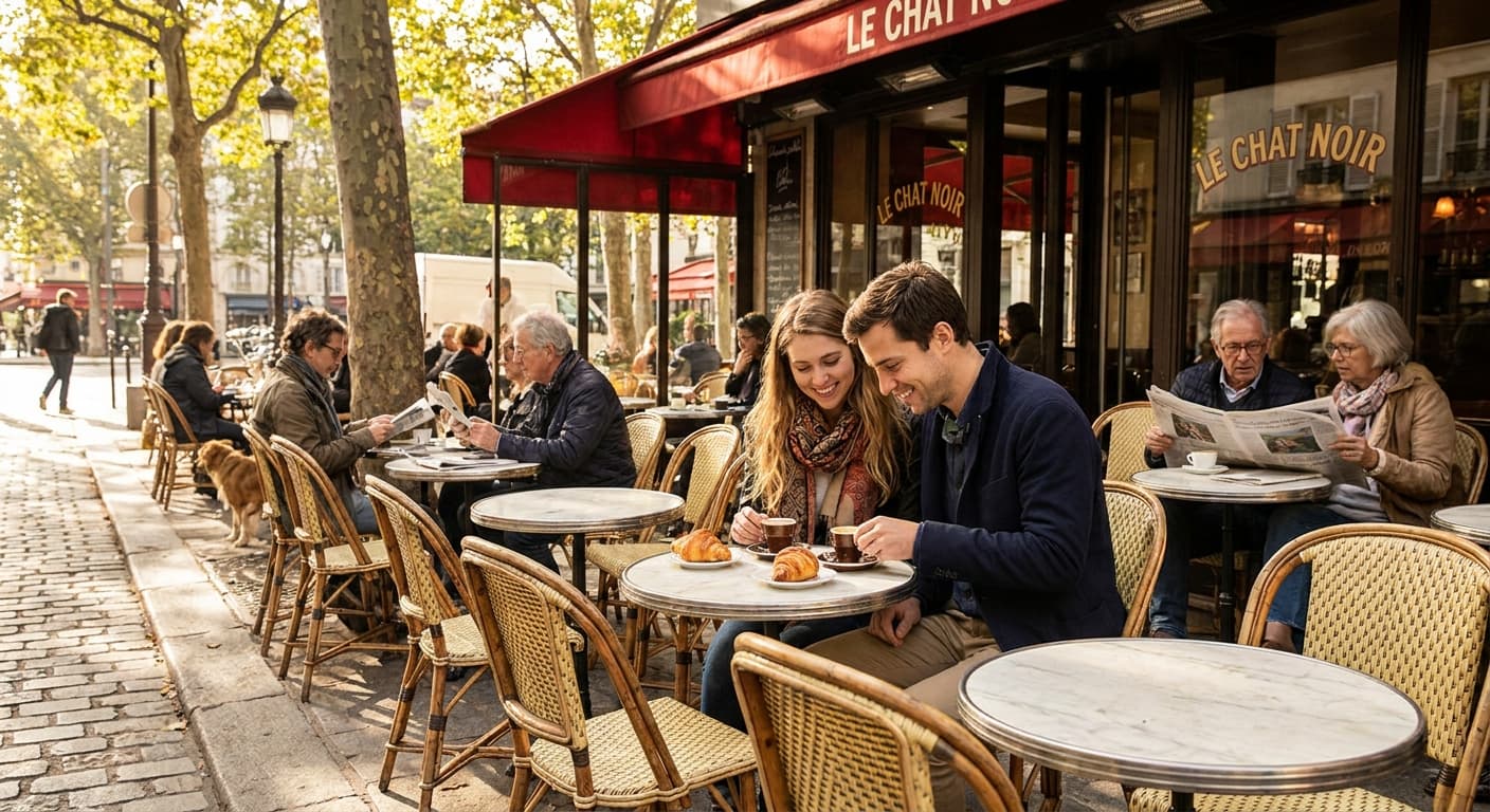 A Parisian café terrace scene, young couple meeting over coffee at a classic bistro, marble tables, wicker chairs on cobblestone street, warm morning sunlight, authentic neighbourhood atmosphere