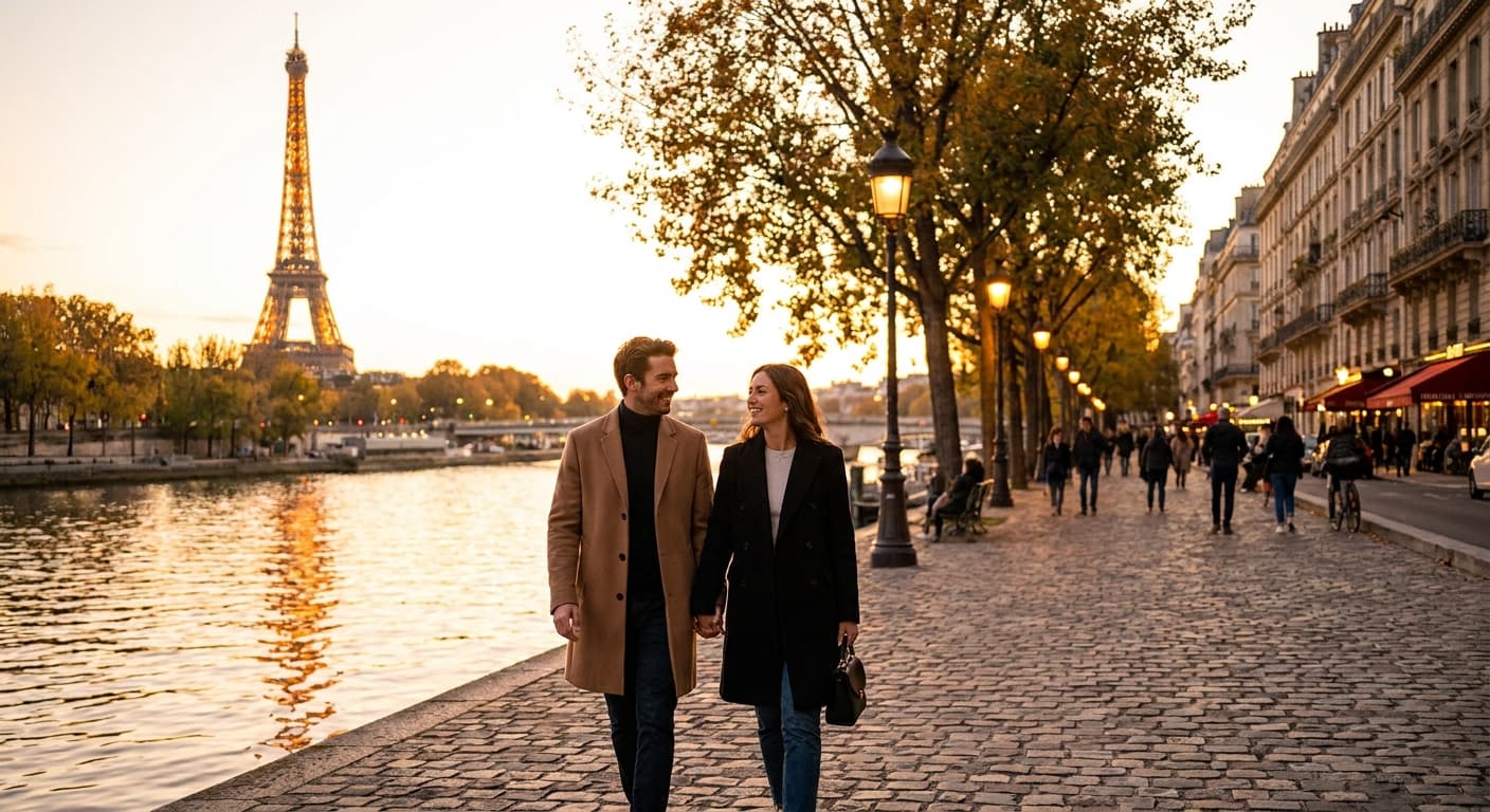 Romantic couple strolling along the Seine River at golden hour in Paris, Eiffel Tower glowing in the background, warm amber light reflecting on the water