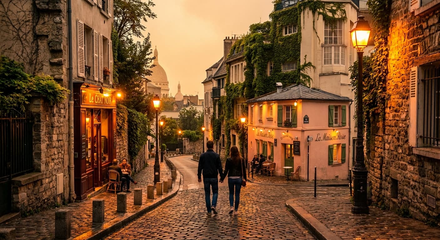 A couple walking up the winding streets of Montmartre, lined with ateliers and small wine bars, evening golden light, authentic local Paris neighbourhood atmosphere, romantic mood
