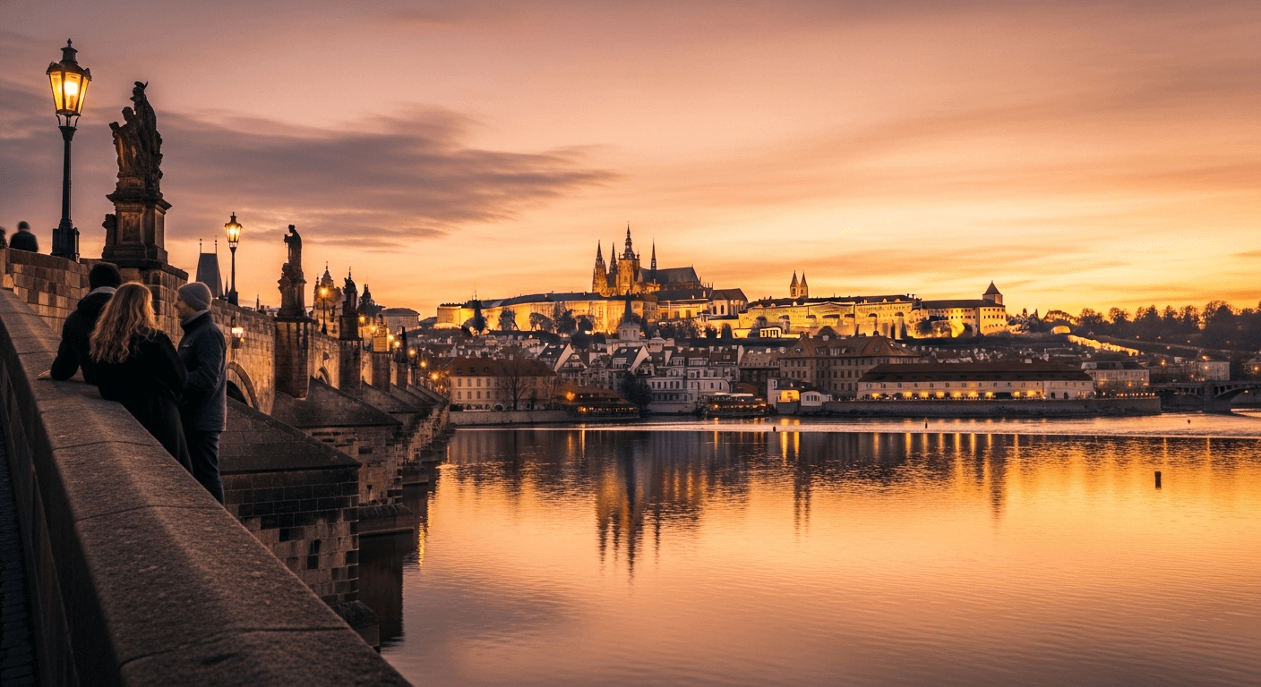 Romantic couple silhouette on Charles Bridge at golden hour, Prague Castle and cathedral skyline reflected in the Vltava River, warm amber light