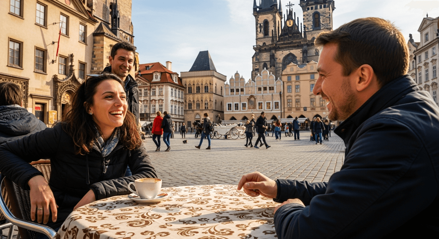 A young foreigner exploring Prague's Old Town, sitting at a sunny outdoor café table with coffee, meeting locals, warm and welcoming atmosphere