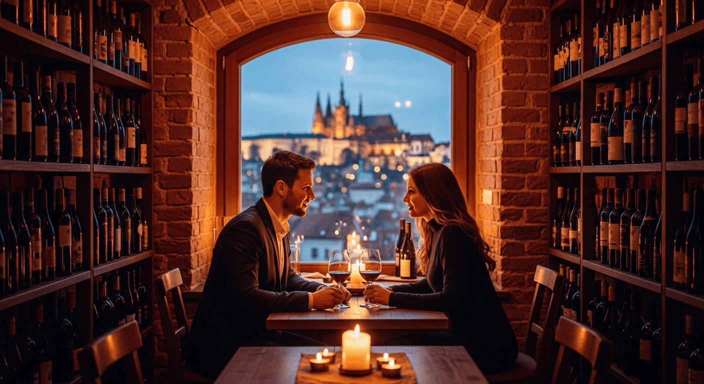 An intimate first date in a cosy Prague wine bar with candlelight, Prague Castle visible through the window, warm amber light, romantic atmosphere