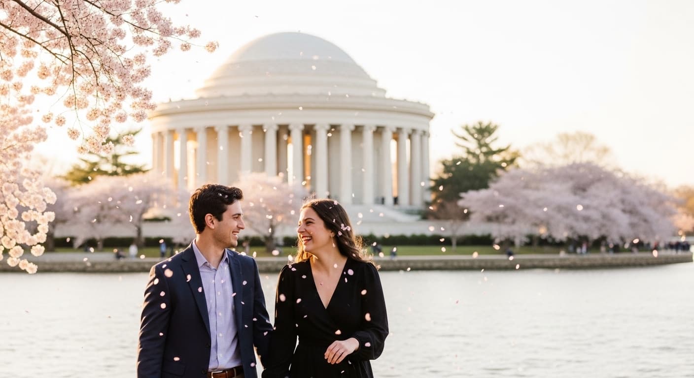 Two young professionals walking and laughing together along the Tidal Basin in Washington DC during cherry blossom season, pink petals falling, Jefferson Memorial behind them, warm spring afternoon light