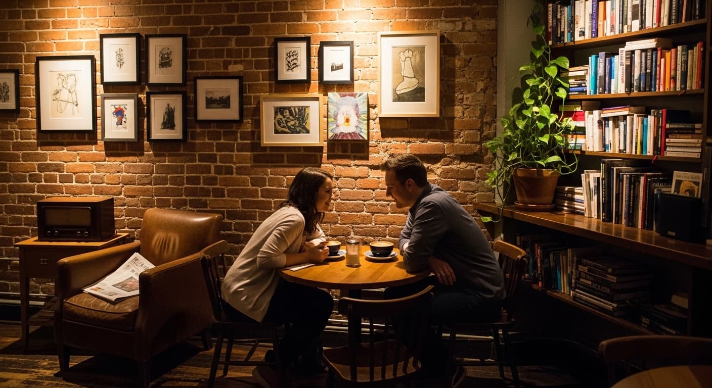 A cosy independent coffee shop interior in Capitol Hill DC, two people on a first date leaning in conversation across a small wooden table, warm tungsten lighting, books and artwork on exposed brick walls