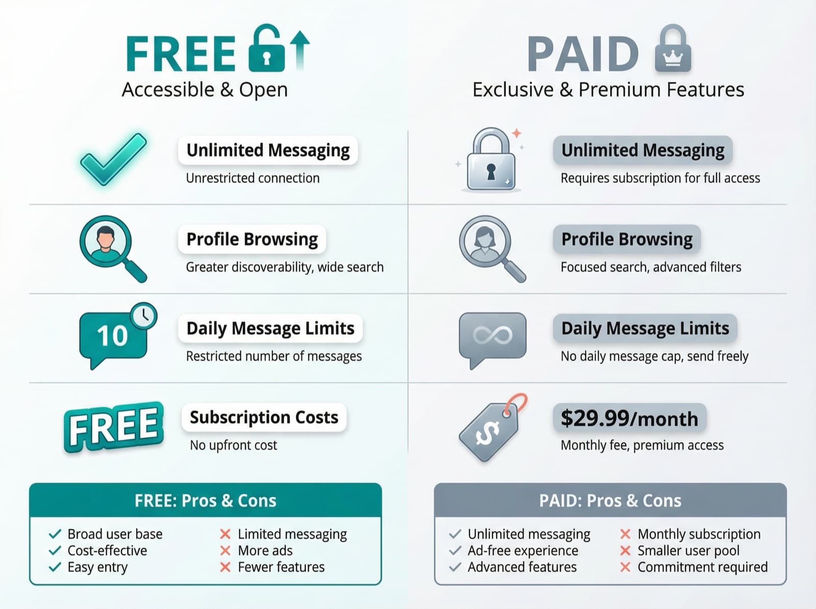 Comparison of features across free and paid dating platforms