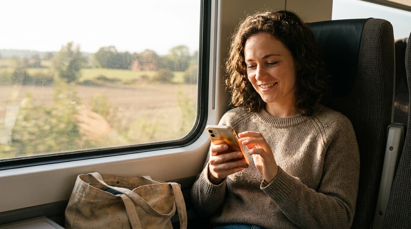 A woman smiles as she types a reply on her phone by a train window, messaging freely without hitting an upgrade prompt