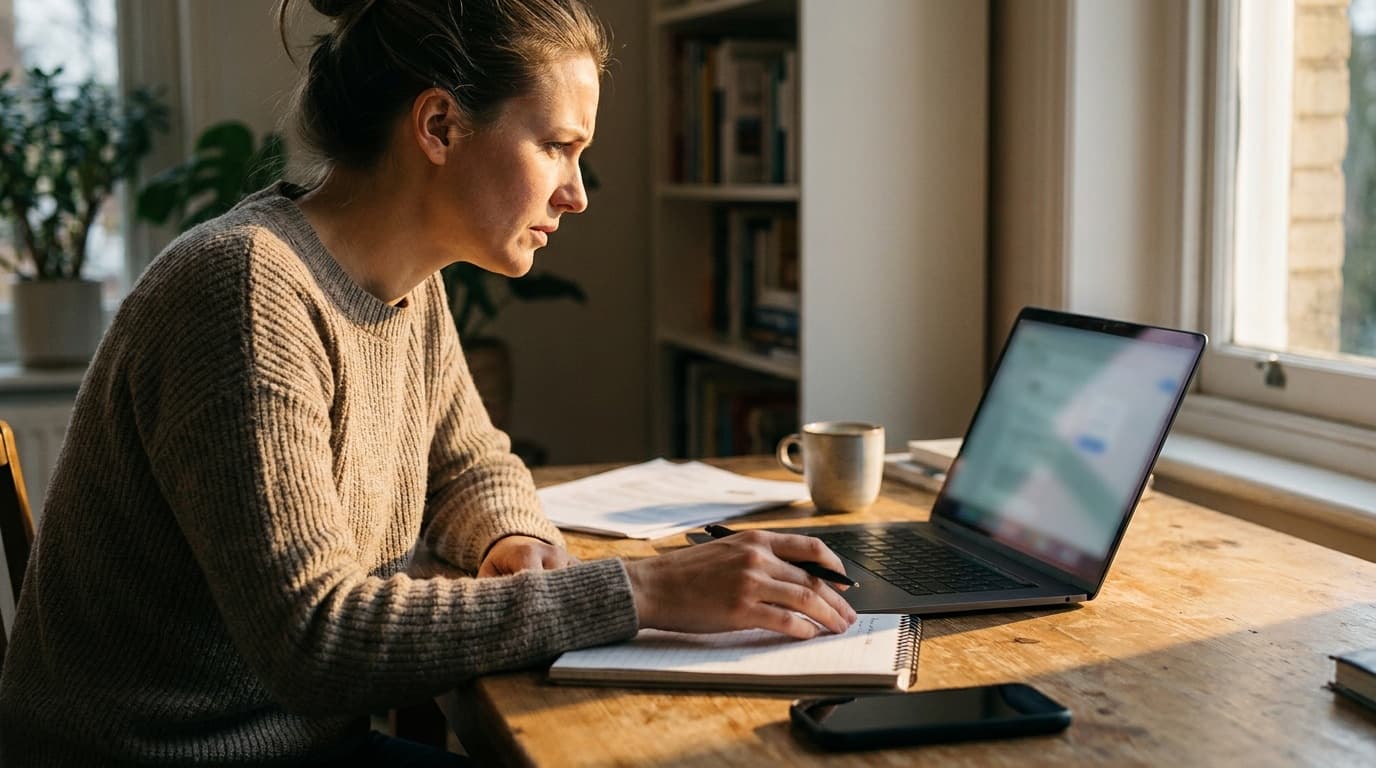 A woman at a sunlit desk studies her laptop with a concerned expression while checking a recurring charge against her paperwork