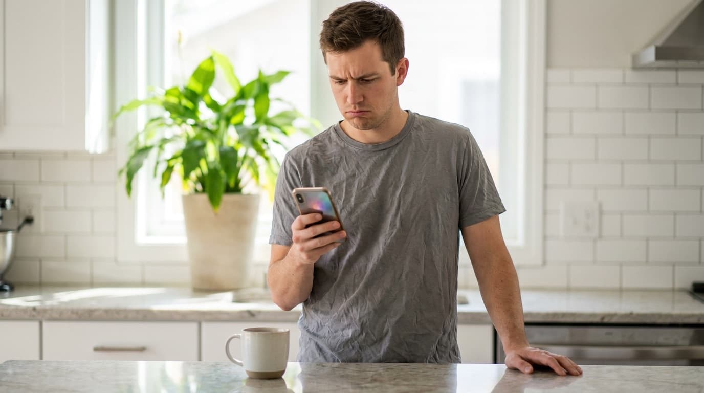 A man at a kitchen counter looks down at his phone with a deflated expression as a message he was writing hits an unexpected paywall