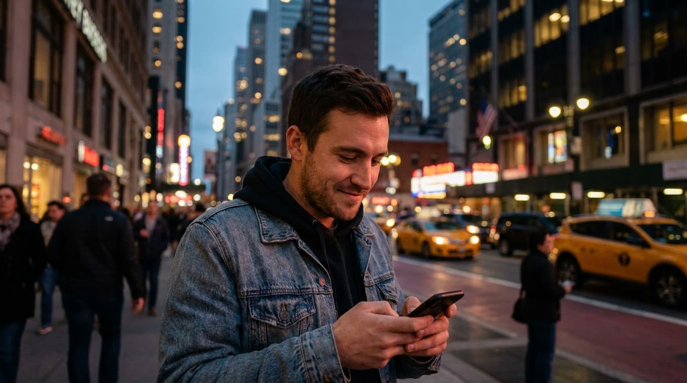 A man in a denim jacket smiles at his phone on a busy downtown sidewalk at dusk, with yellow taxis and lit office towers blurred behind him
