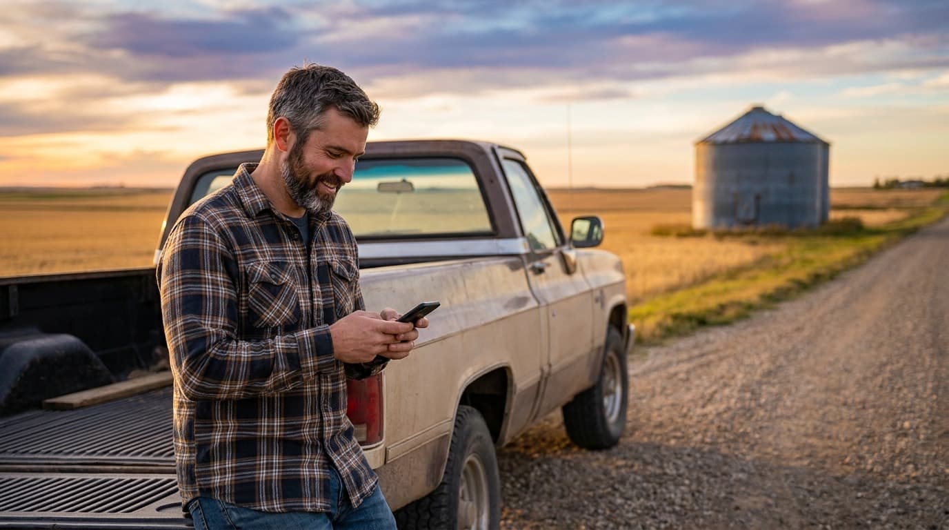 A bearded man in a flannel shirt leans against his pickup truck on a gravel road beside open farmland at sunset, smiling at his phone with a grain silo behind him
