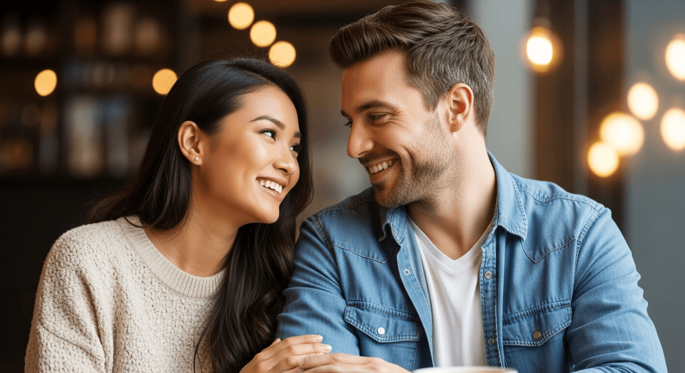 Happy interracial couple sitting together in a coffee shop, smiling and connecting after meeting through international online dating