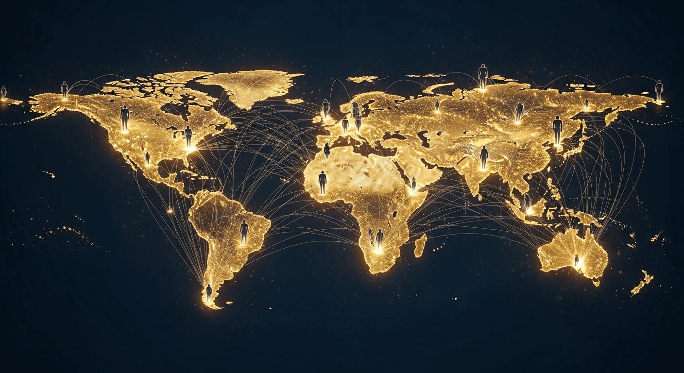 Glowing world map showing connections between people across continents symbolizing international online dating
