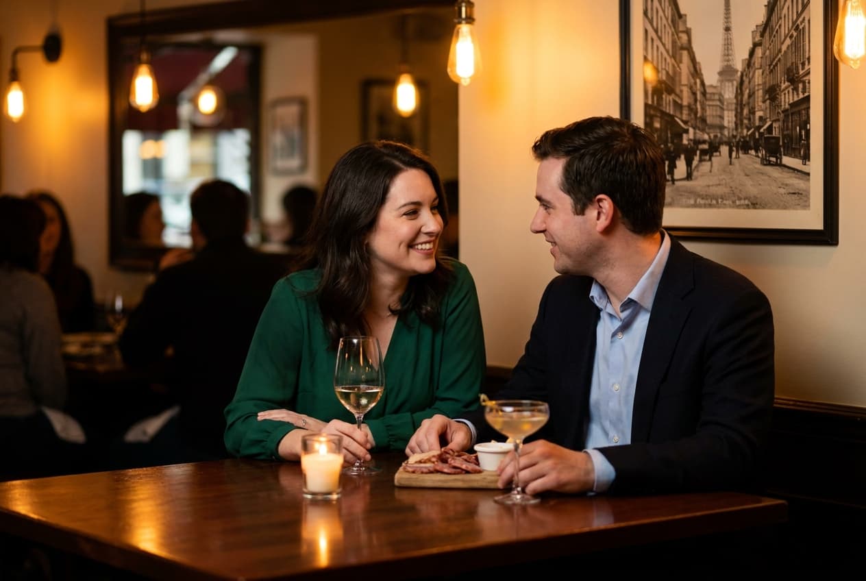 Two people at a restaurant on a first date, leaning towards each other, smiling and making direct eye contact — an image of mutual genuine interest
