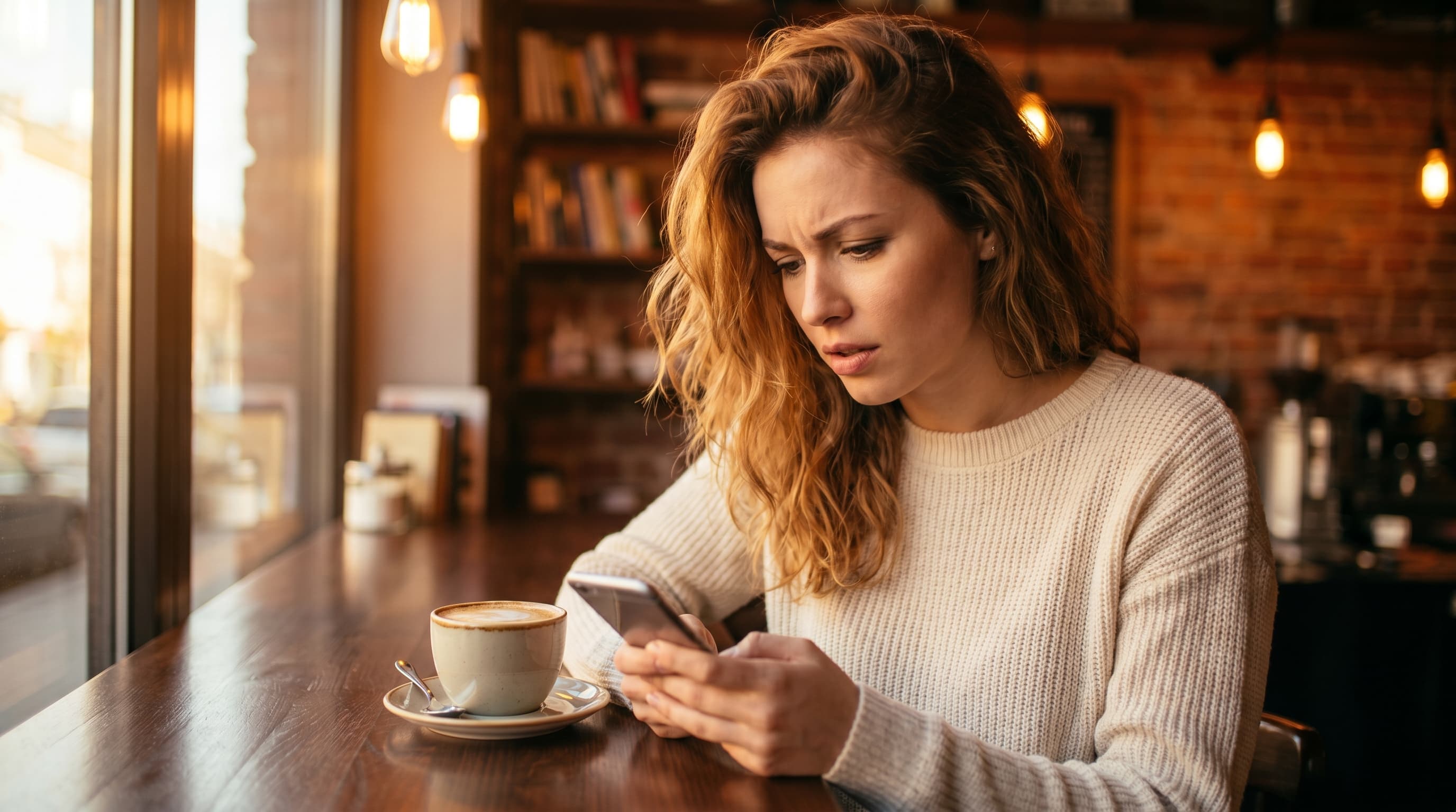 A woman sitting in a coffee shop staring at her phone with a thoughtful expression, wondering if the person texting her is genuinely interested or just enjoying the attention
