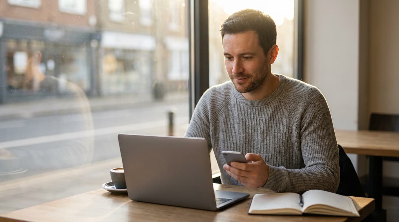 A man in a grey sweater sits at a café window table with an open laptop, a notebook and a coffee, smiling thoughtfully at his phone as he weighs up which free dating site to join