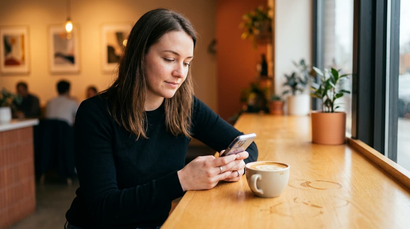 Woman sitting alone at a café table looking pensively at her phone, warm amber light, a half-finished coffee beside her