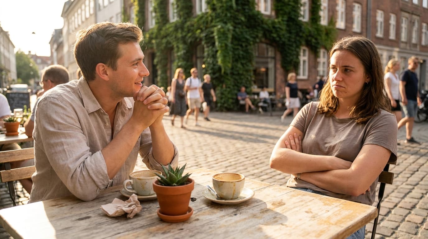 A couple at an outdoor café table with contrasting levels of engagement — one leaning in with interest, the other distracted by their phone