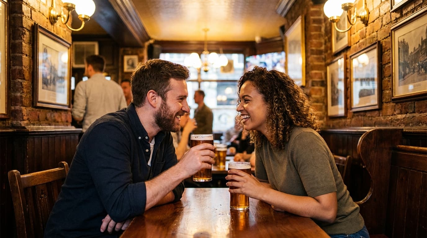A man and woman on a first date at a cosy London pub, warm amber lighting, exposed brick walls, both smiling and engaged in conversation
