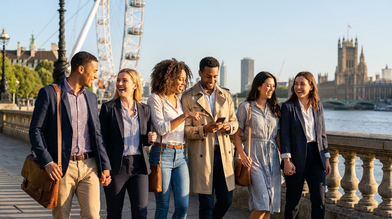 Young professionals walking along the Thames Embankment in London, London Eye visible in the background, casual sunny afternoon atmosphere