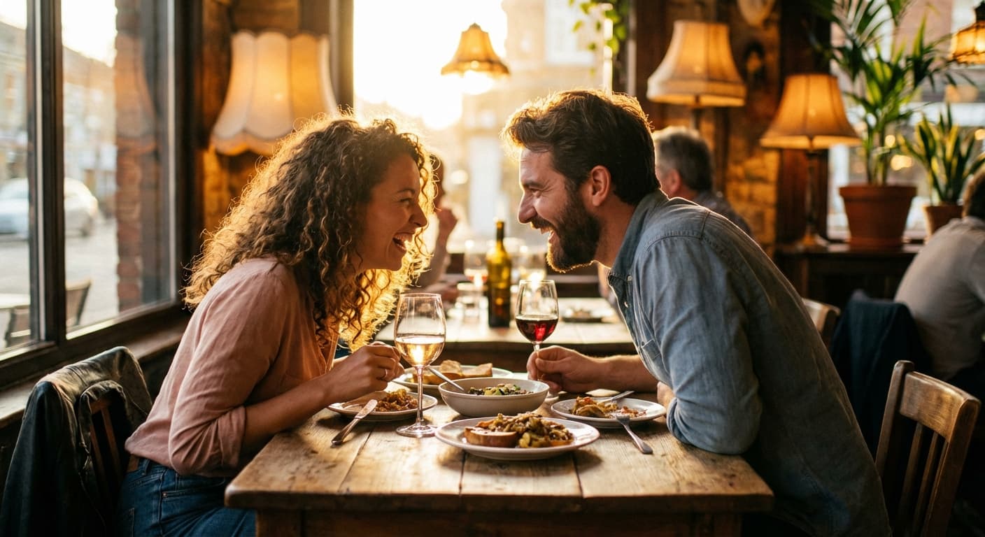 A happy couple on a first date at a restaurant, laughing and clearly enjoying each other's company after connecting through their authentic dating profiles