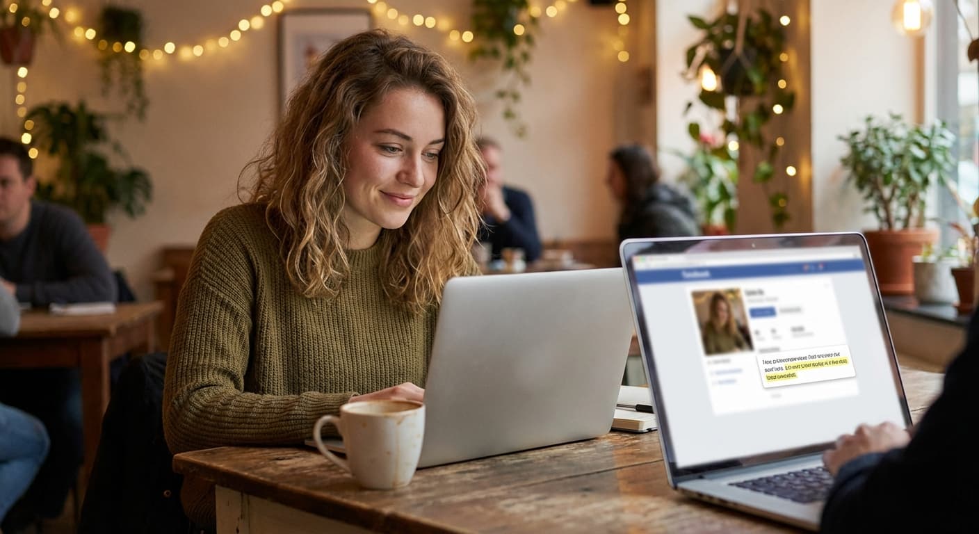 A woman smiling at her laptop in a coffee shop, having just written a short and confident dating profile bio