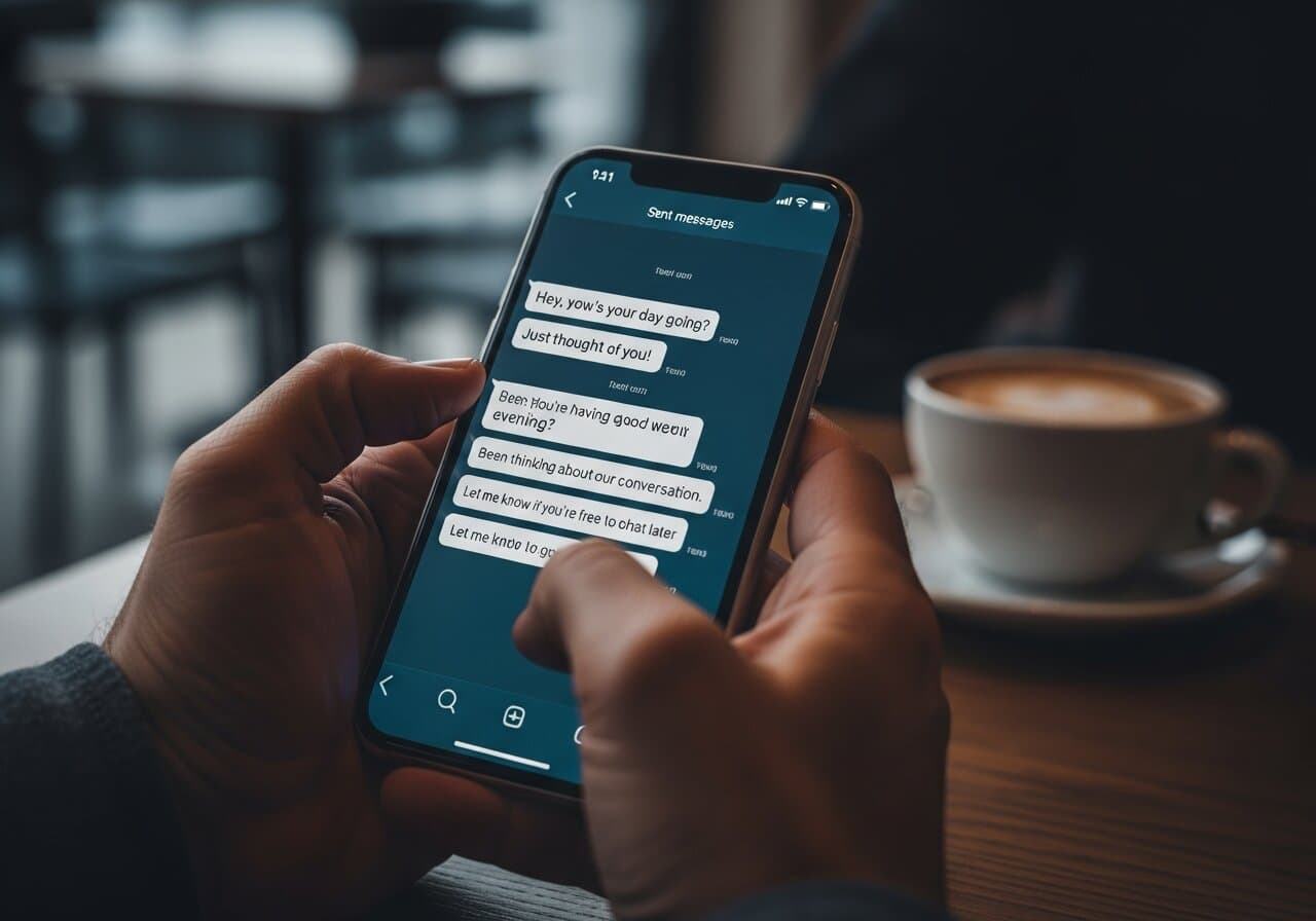 A close-up of a person's hands holding a smartphone showing an unanswered chat thread in a messaging app, with a blurred cafe setting in the background