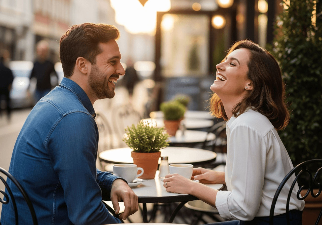 Two people laughing and enjoying a relaxed first date at an outdoor café table, genuine smiles, warm golden hour light