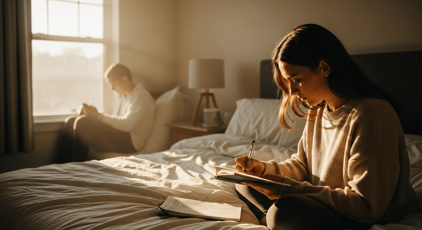 A person journaling or reflecting in a peaceful bedroom setting, soft natural morning light, sense of calm self-awareness and personal growth