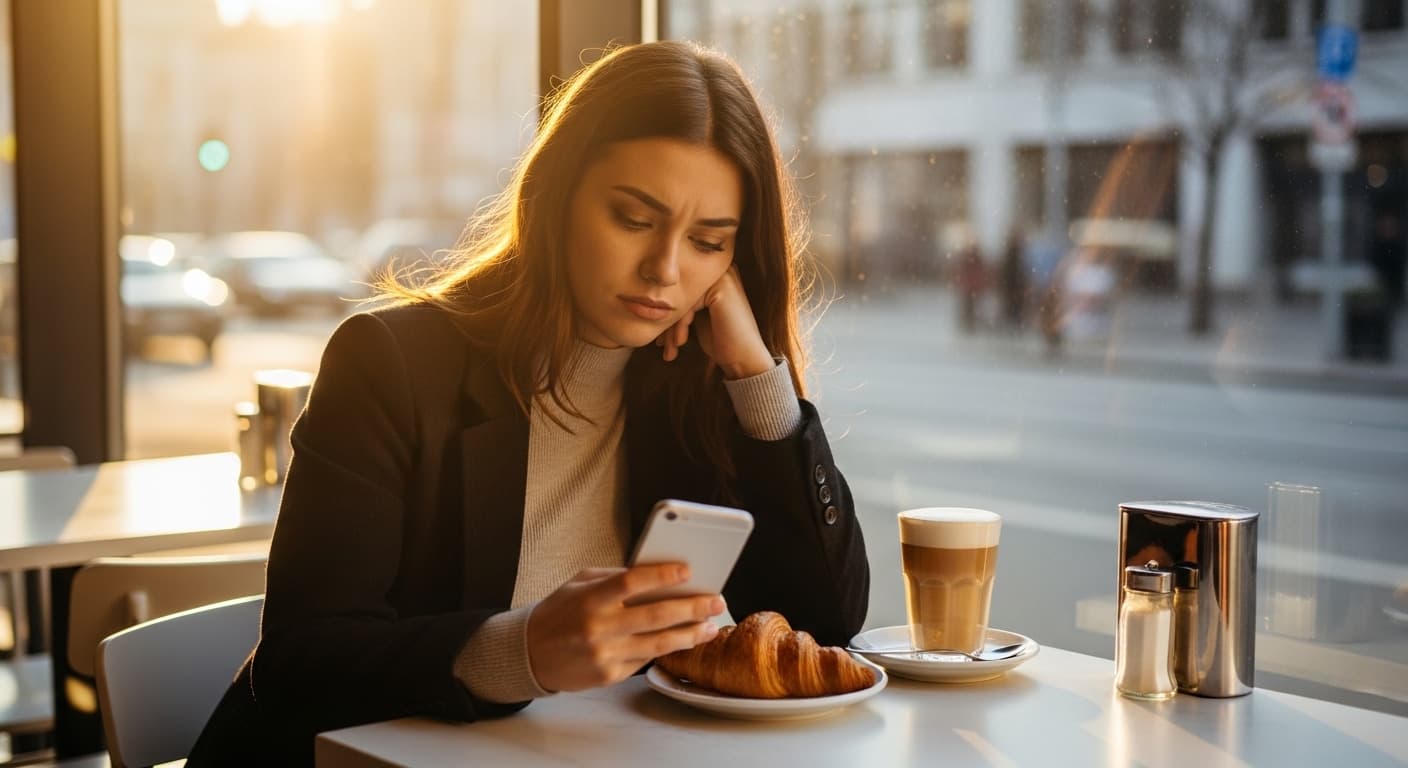 A young woman sits alone at a stylish cafe table, looking at her phone with a thoughtful expression in warm afternoon light