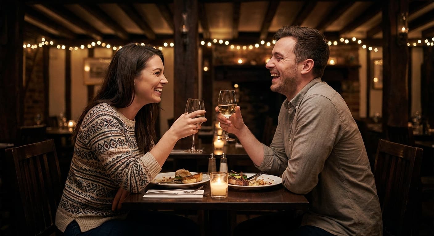 A happy couple on a first date in a cozy restaurant, relaxed and laughing together, genuine warmth and chemistry between them, soft candlelight, photorealistic lifestyle photography