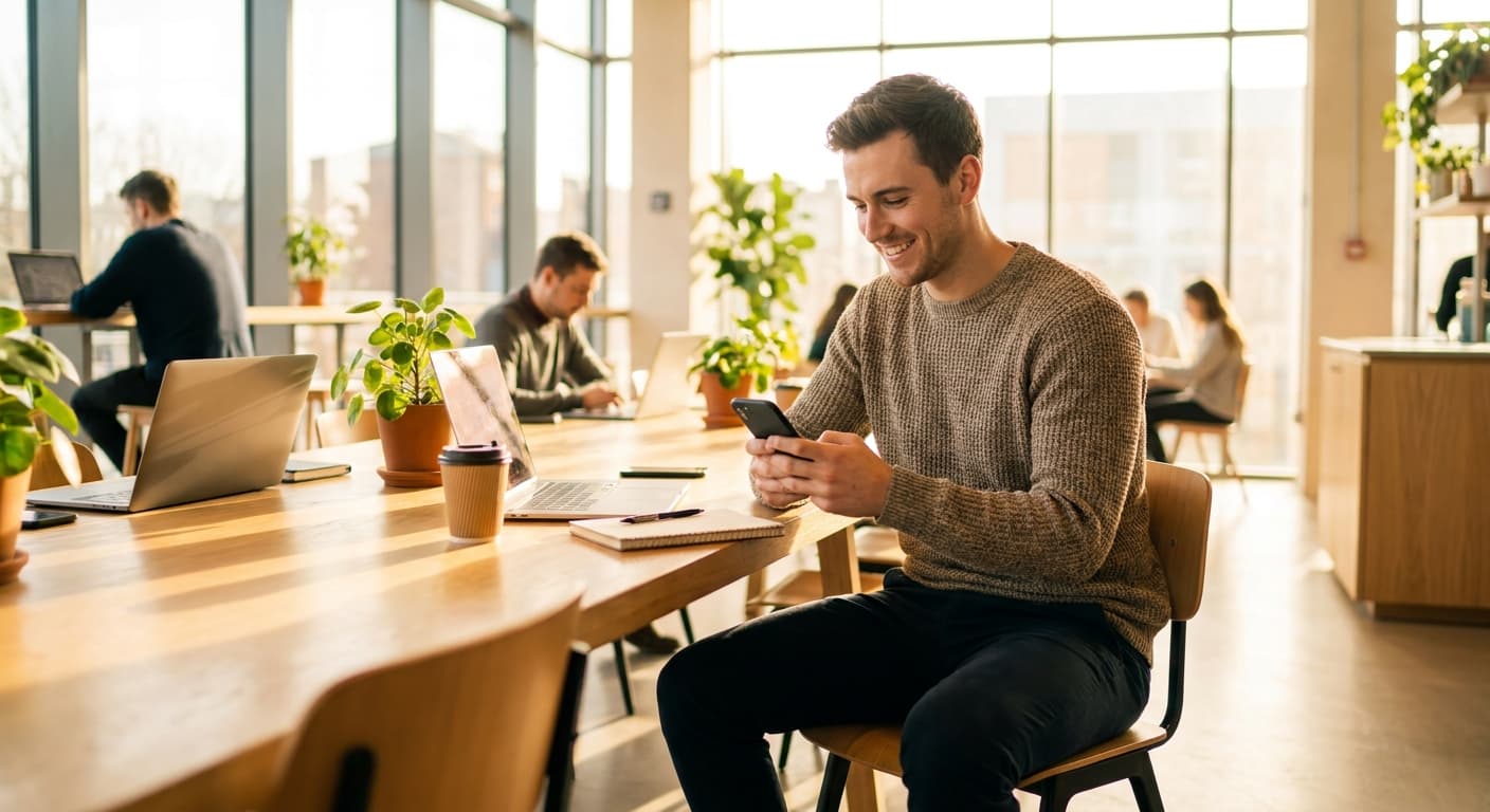 A confident young man checks his phone and decides to message a match to suggest meeting up, sitting at a bright modern workspace in warm natural light