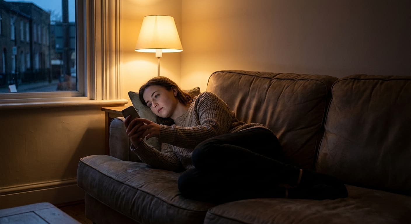 A young woman sitting alone on a sofa at home, looking thoughtfully at her phone, soft evening home lighting, slightly pensive expression, photorealistic lifestyle photography
