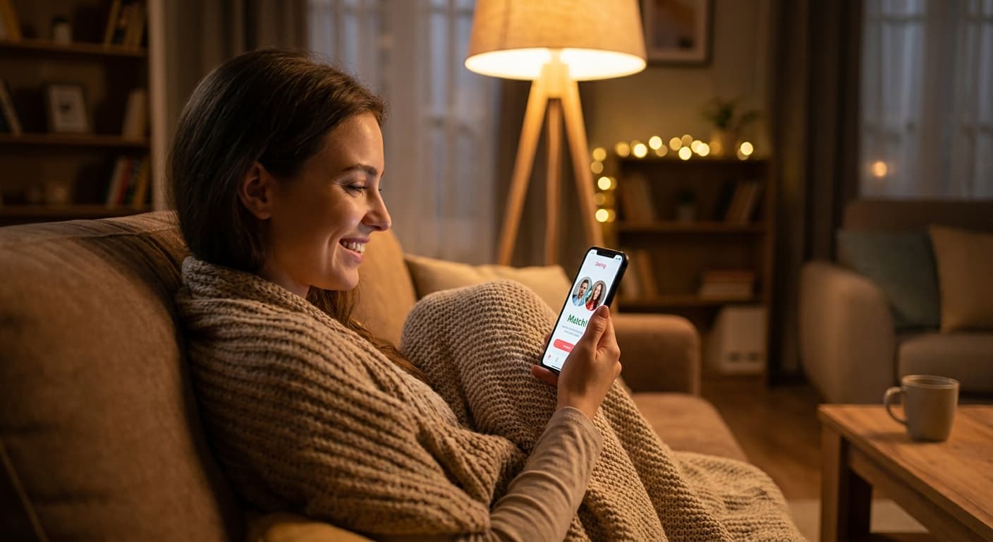 A young woman relaxing on a comfortable sofa in the evening, warm golden lamplight, looking at her phone with a warm smile