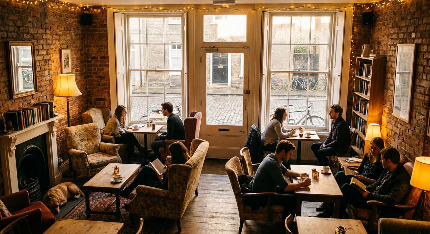A warm, inviting independent café interior in Cambridge with exposed brick walls, vintage furniture, and locals reading and chatting over coffee in the late afternoon sunlight