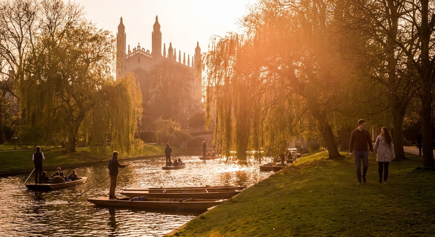 A golden-hour view of the River Cam in Cambridge, with punts gliding past weeping willows and Kings College chapel in the background, a couple walking along the riverbank