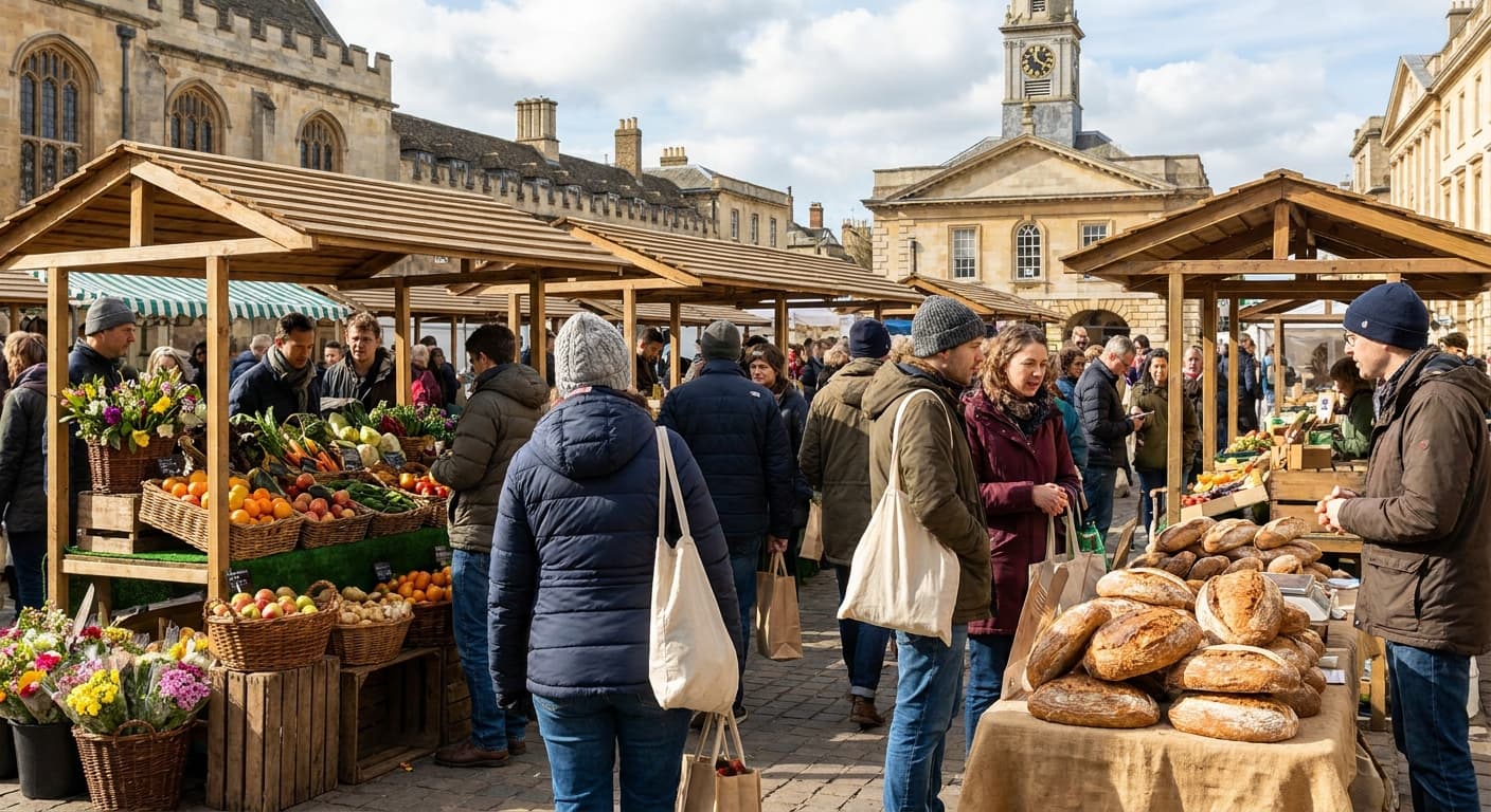 A lively weekend market in Cambridge with colourful stalls of fresh produce, artisan bread, and flowers, locals browsing and chatting in warm natural daylight