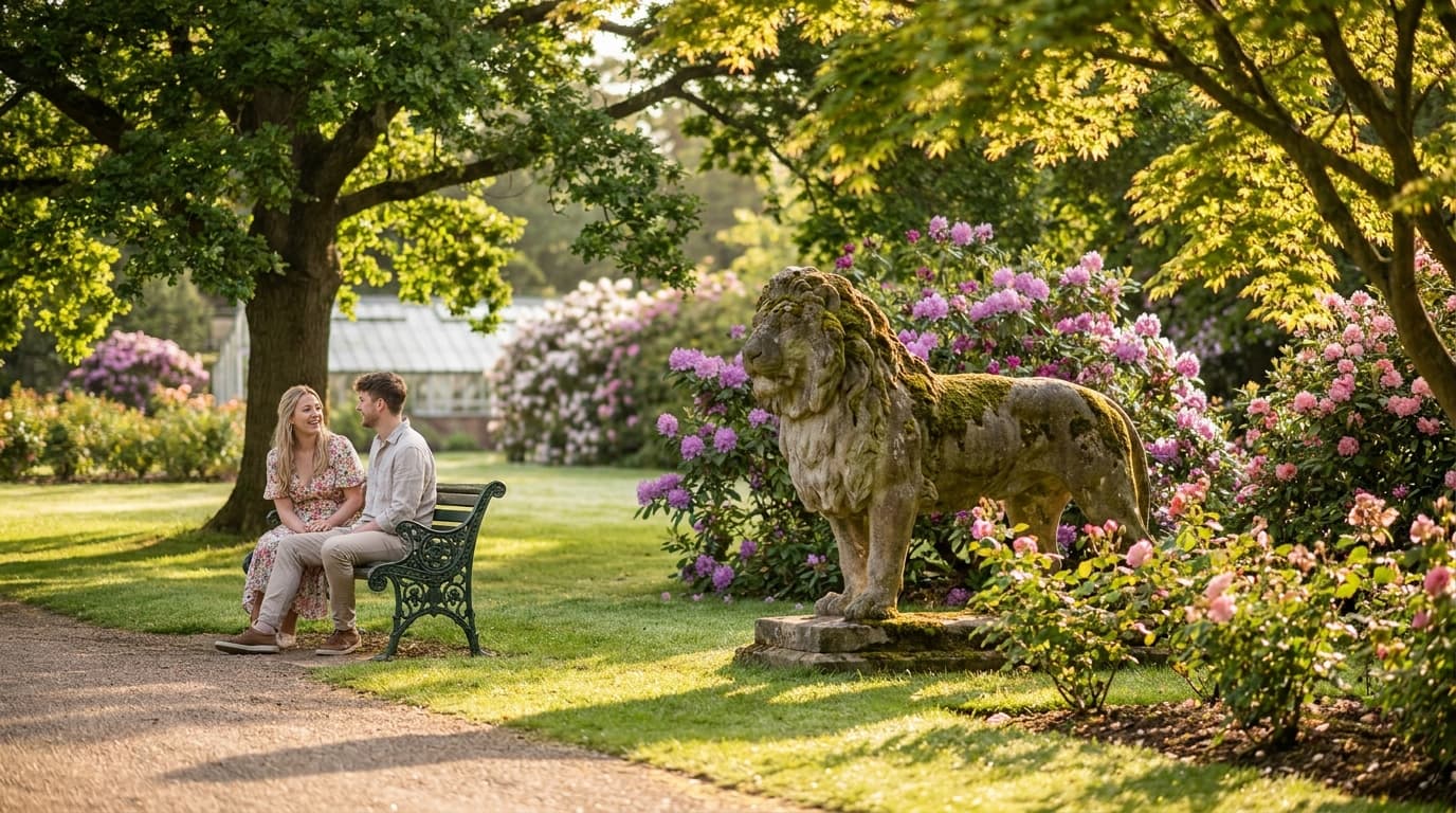 A sun-filled English formal garden with manicured lawns, colourful flowerbeds, and a couple sitting on a bench in easy conversation, dappled light through mature trees