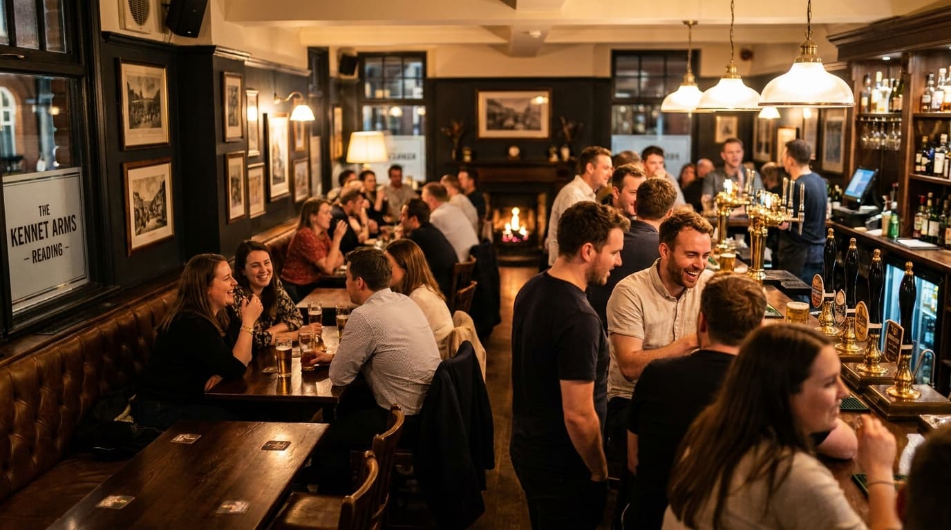 A warm and characterful British pub interior with exposed beams, soft amber lighting, and two locals in easy conversation over pints at a corner table