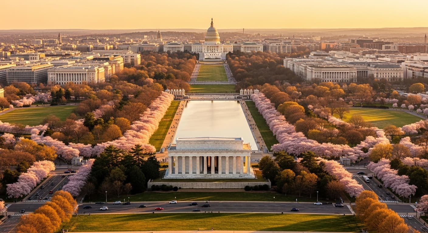 A warm golden-hour aerial view of Washington DC with the Lincoln Memorial and Reflecting Pool in the foreground, Capitol dome visible in the distance, cherry blossoms lining the Mall