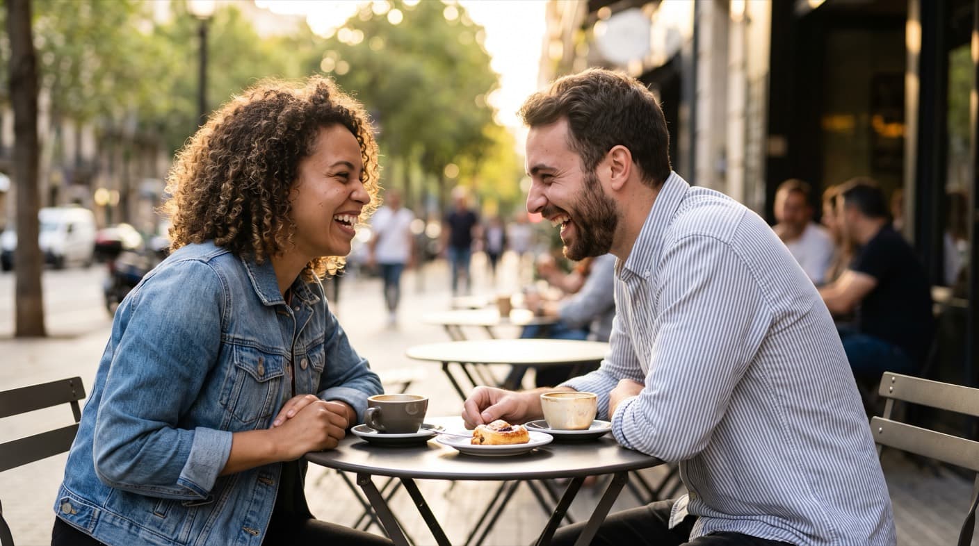 A couple who met online laughing together on a first date at an outdoor café terrace in the late afternoon sun