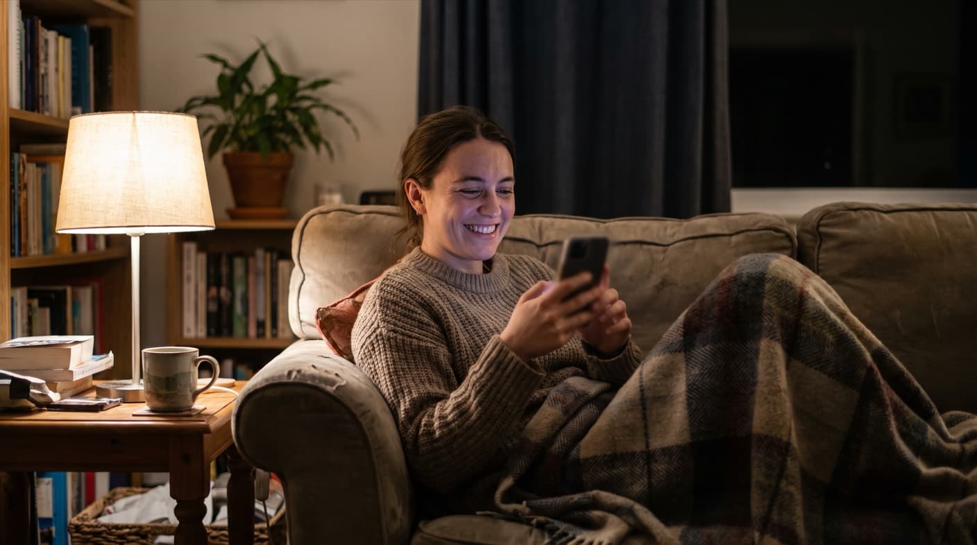 A woman relaxing on her sofa in the evening, smiling as she messages someone she met online without worrying about a paywall